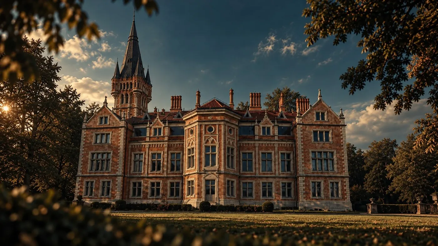 Lentvaris Manor palace at sunset
