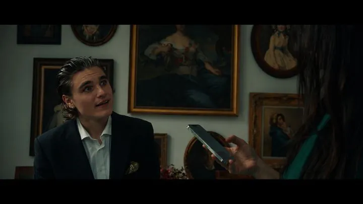 A young man in the manor salon with paintings