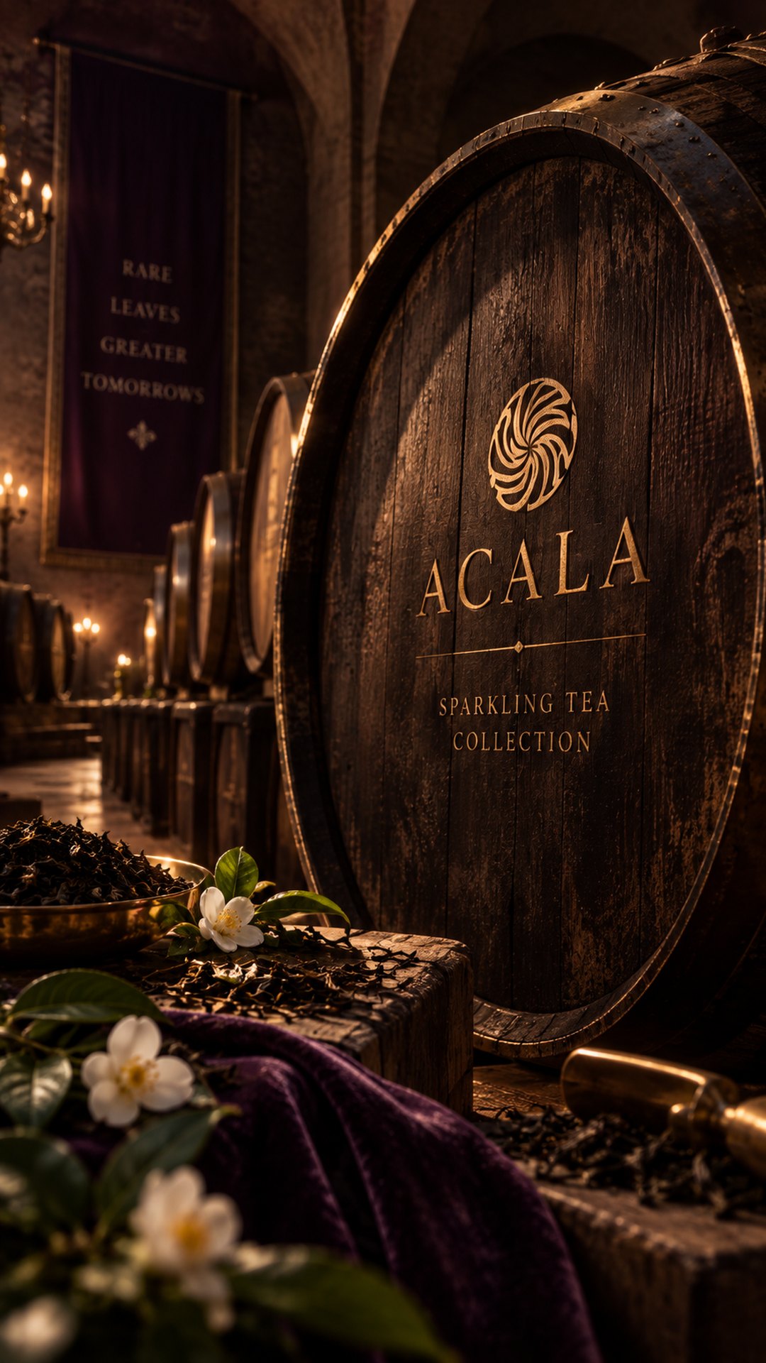 ACALA oak barrel in the cellar, tea leaves and blossoms on purple velvet