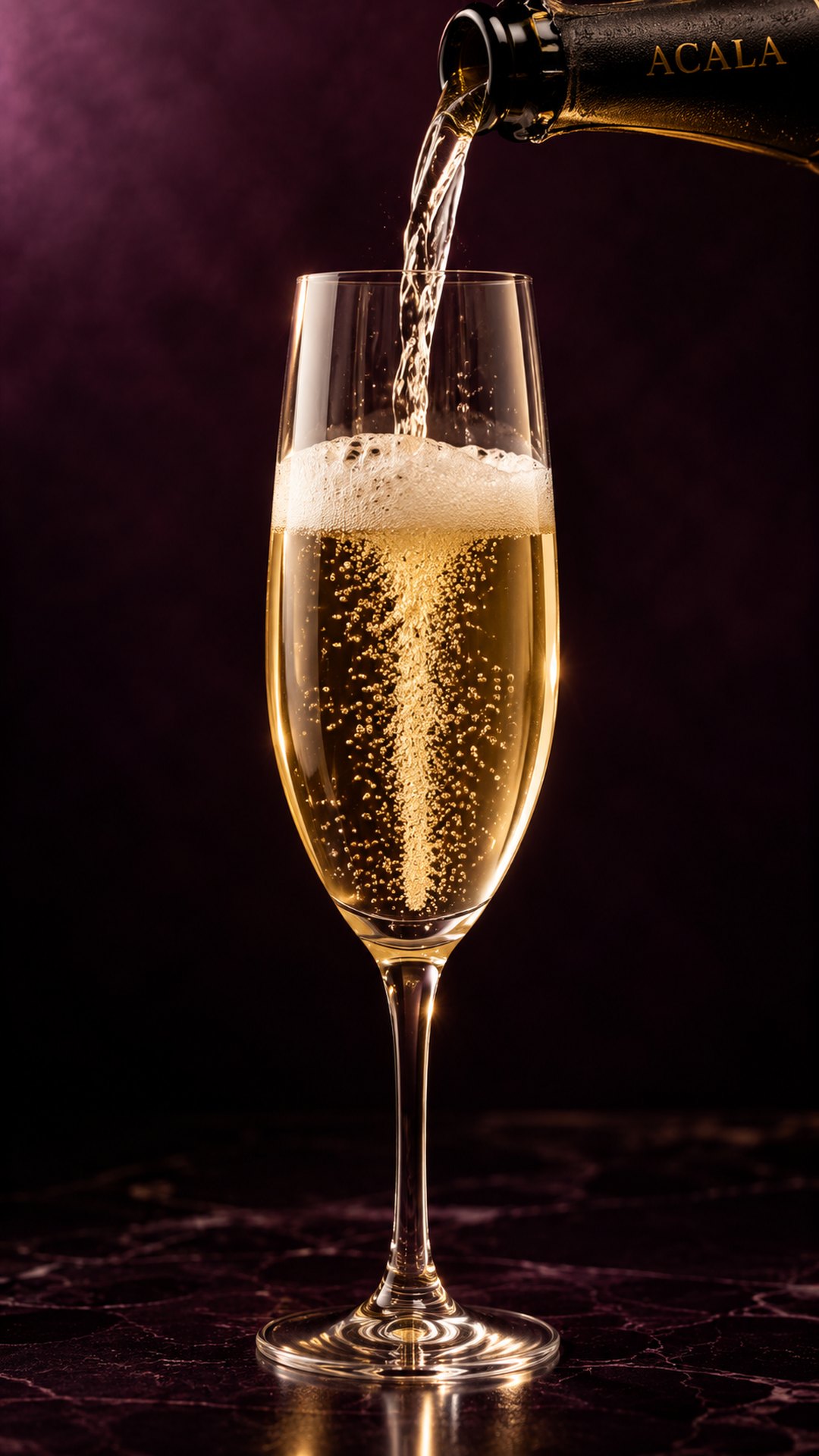 ACALA sparkling tea being poured into a champagne flute, fine bubbles rising