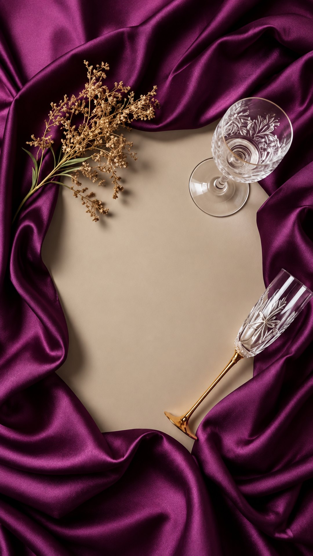 Deep purple silk, crystal glasses and a sprig of dried blossom
