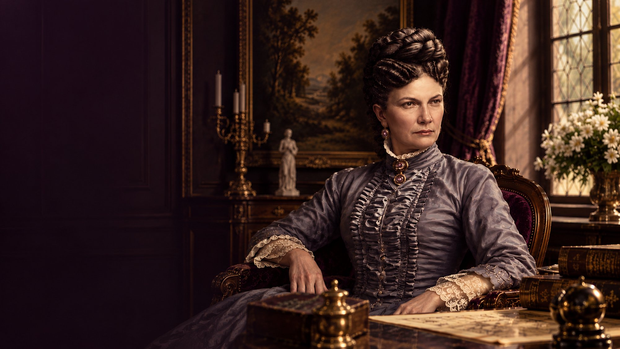 A countess at her writing desk in the manor study, 19th-century interior