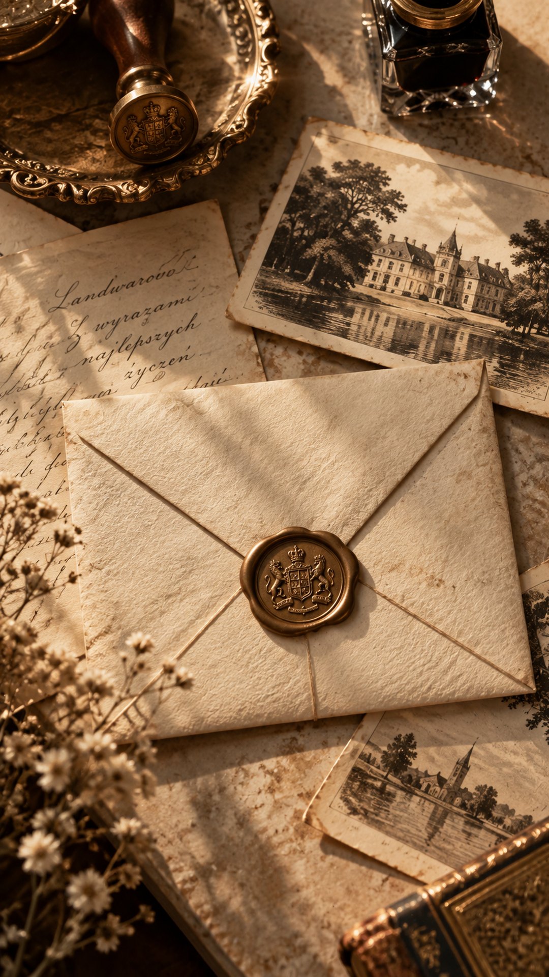 An envelope with a wax seal of the manor’s coat of arms, vintage postcards and an inkwell on a table