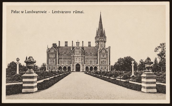 Lentvaris Manor postcard — the palace and lake from a bird’s-eye view