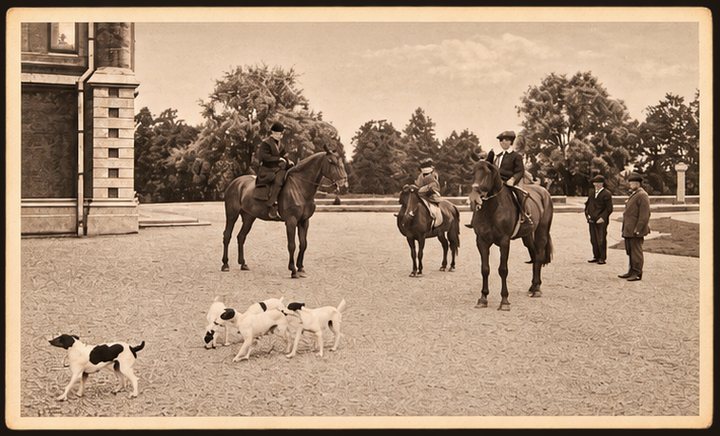 Postcard No. 10 — riders on horseback and hunting hounds in the palace courtyard, sepia