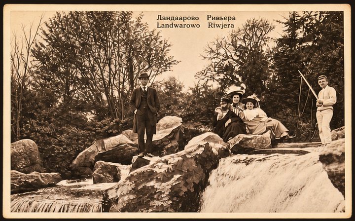 Postcard No. 12 — Landwarowo Riwjera, guests on the rocks above the waterfall, sepia