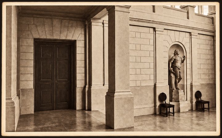 Postcard No. 13 — the palace vestibule with a statue in a niche, sepia