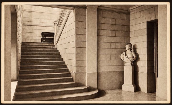 Postcard No. 14 — the palace’s grand staircase with a marble bust, sepia