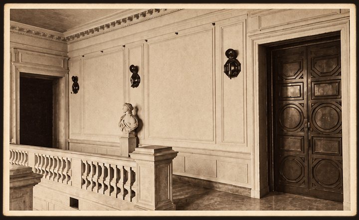 Postcard No. 15 — the upper-floor gallery with a balustrade and a bust, sepia