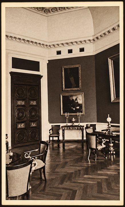 Postcard No. 16 — the palace salon with Empire furniture and paintings, portrait, sepia