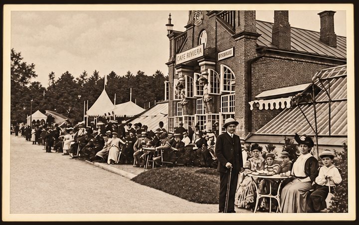 Postcard No. 17 — the Café Riviera terrace with guests at tables, sepia