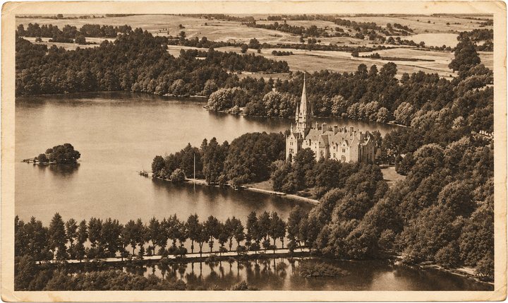 Postcard No. 19 — Lentvaris palace, the lake and the avenue from a bird’s-eye view, sepia