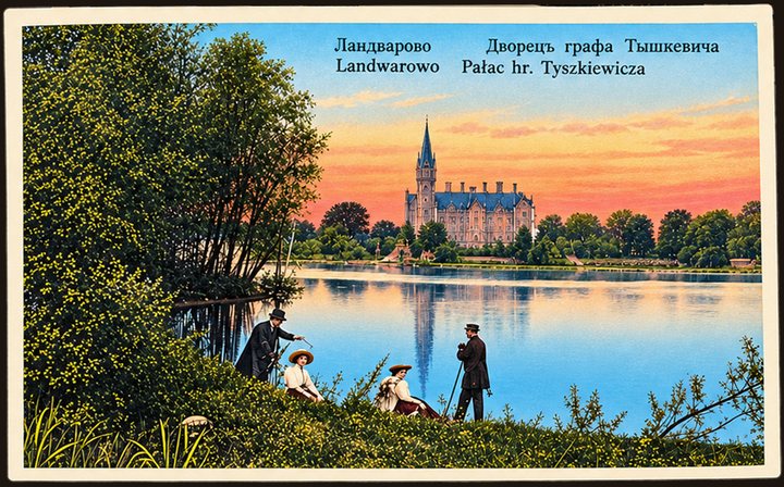 Postcard No. 2 — Landwarowo, Count Tyszkiewicz’s palace from the lake at sunset