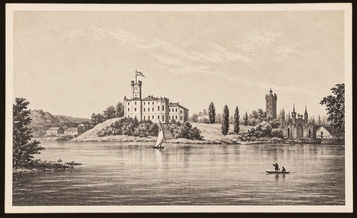 Postcard No. 20 — the old Lentvaris palace with its tower from the lake, a sailing boat and a rowing boat, sepia lithograph