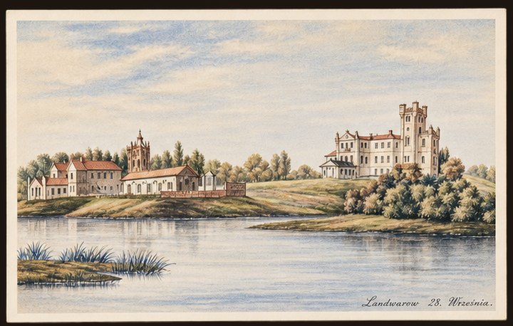 Postcard No. 21 — “Landwarów, 28 września”: the town with its church and the palace across the lake, watercolour