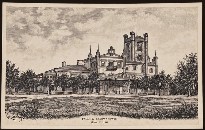 Postcard No. 22 — “Pałac w Landwarowie”: the old palace with its tower, engraving