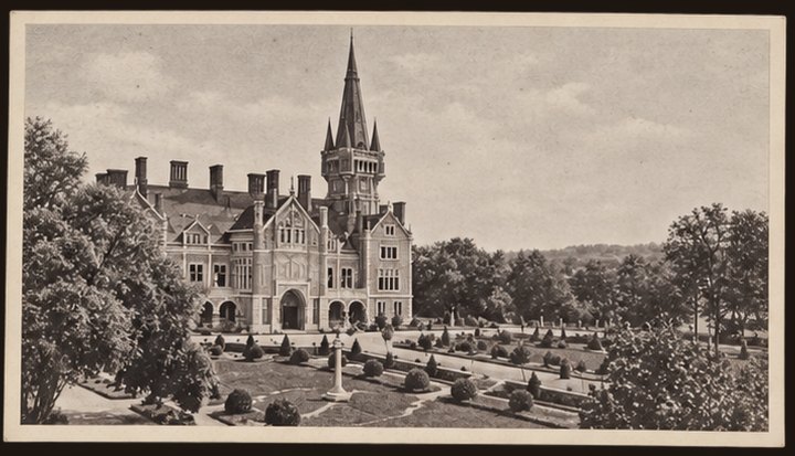 Postcard No. 23 — the neo-Gothic palace with its spire and a French parterre in front, sepia