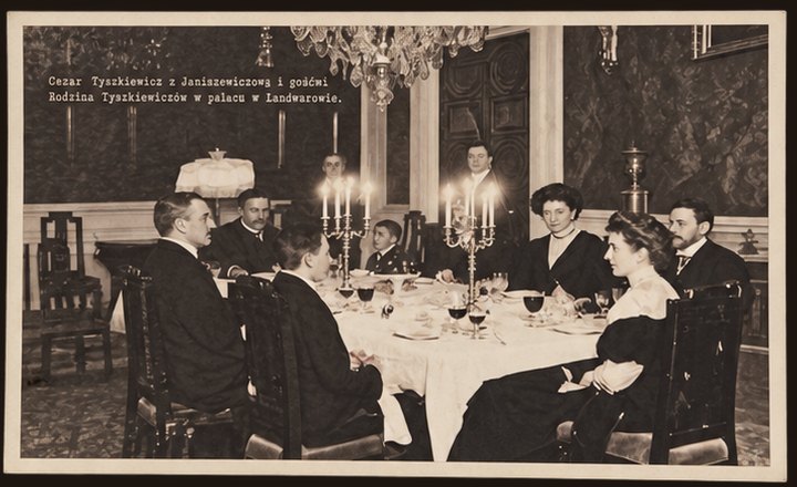 Postcard No. 24 — Count Cezar Tyszkiewicz with family and guests at the dinner table in the palace dining room
