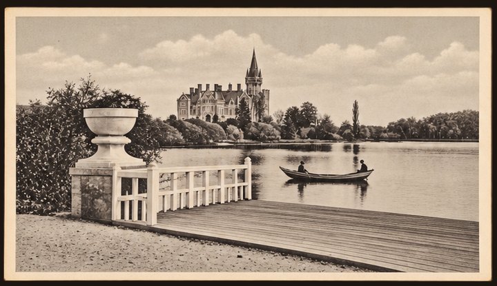 Postcard No. 26 — a wooden jetty with a white railing and an urn, a boat on the lake, the palace with its spire in the distance, sepia