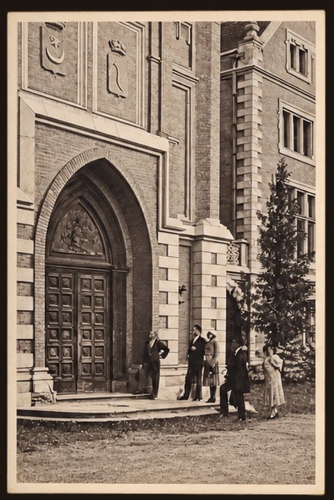 Postcard No. 28 — guests at the palace front door with a pointed-arch portal and coats of arms, portrait, sepia