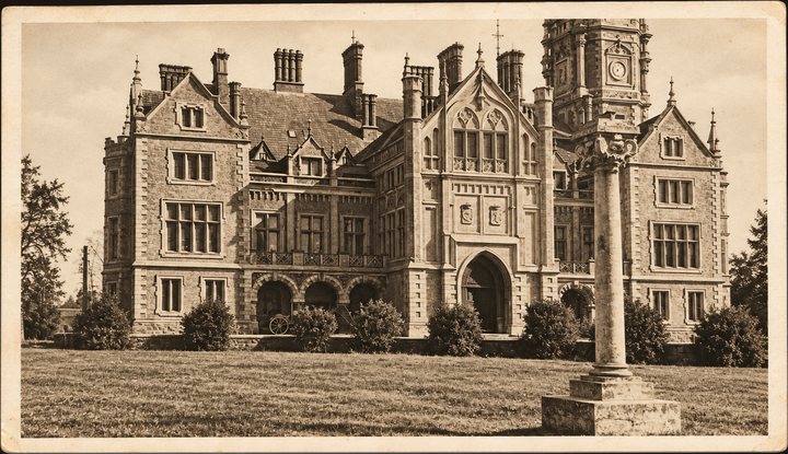 Postcard No. 3 — the main façade of Lentvaris palace with the clock tower, sepia