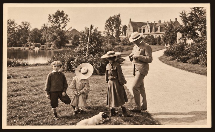 Postcard No. 4 — a family with children and a dog on a manor park path by the lake, sepia