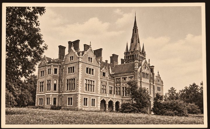 Postcard No. 5 — Lentvaris palace from the park side through the trees, sepia