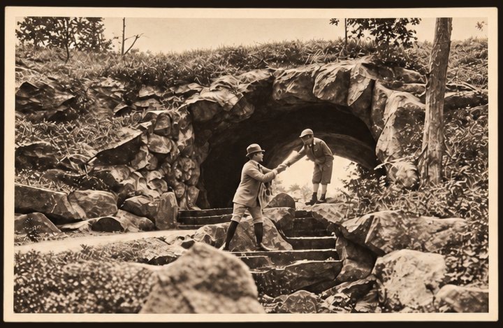 Postcard No. 6 — a stone grotto in the manor park with two boys, sepia
