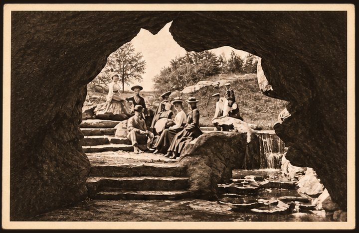Postcard No. 7 — guests on the steps in the grotto by the waterfall, sepia