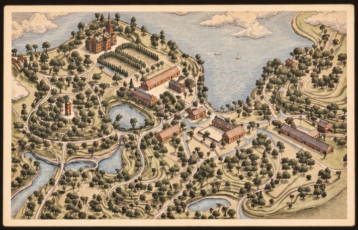 Postcard No. 8 — a drawn bird’s-eye map of the Lentvaris Manor estate