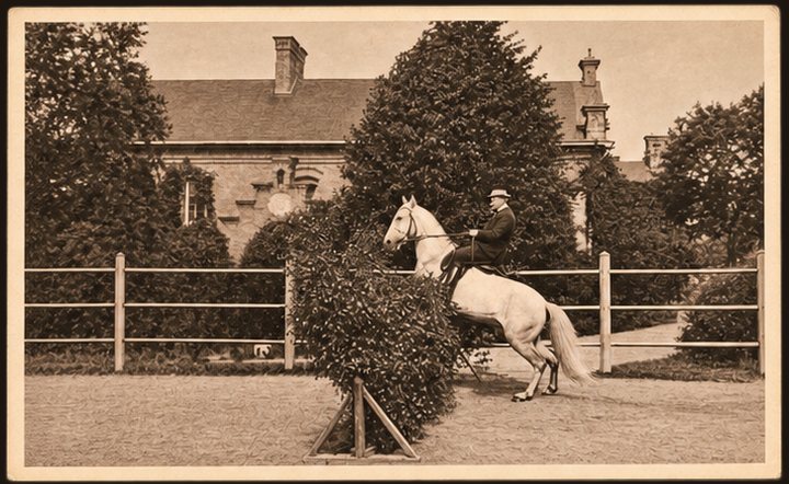 Postcard No. 9 — a rider on a white horse jumping a fence by the manor stables, sepia