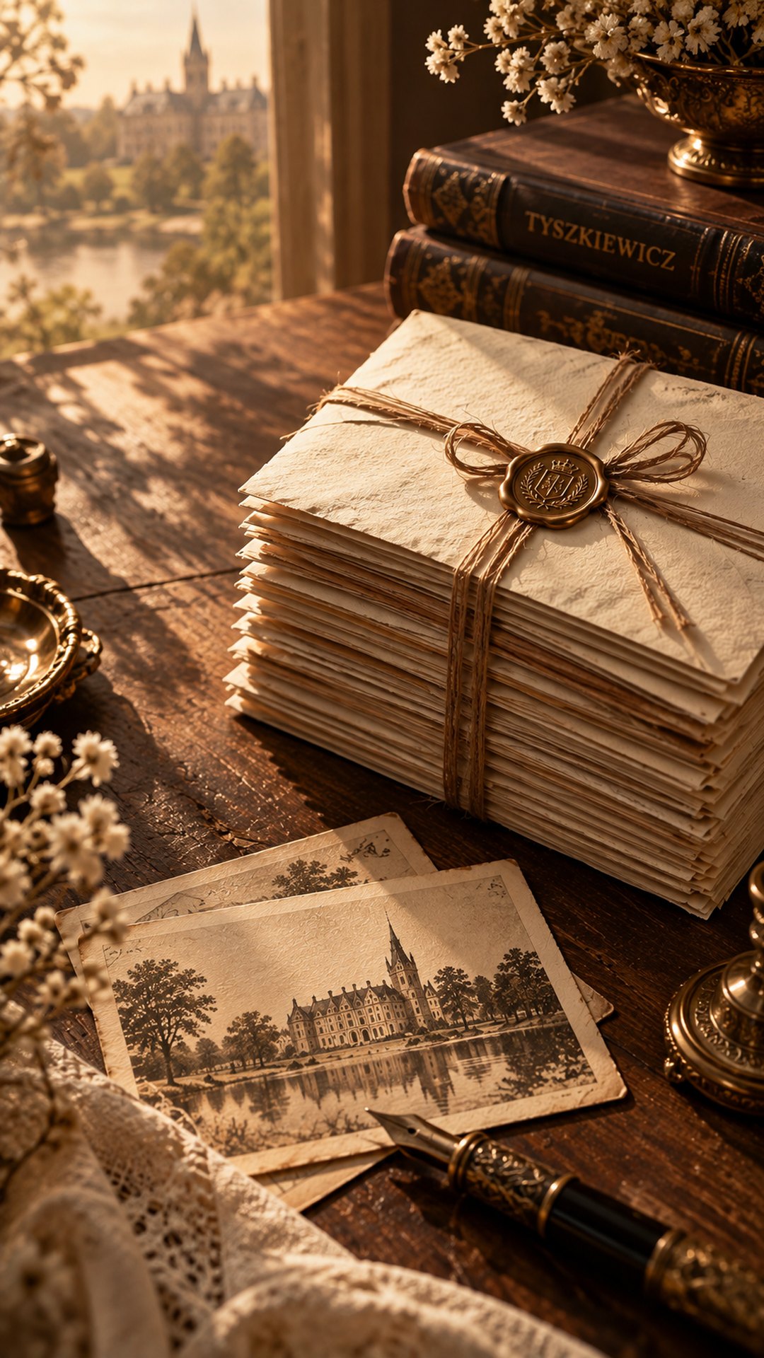 A stack of postcards tied with twine and a wax seal, on a writing desk by a window with a view of the palace