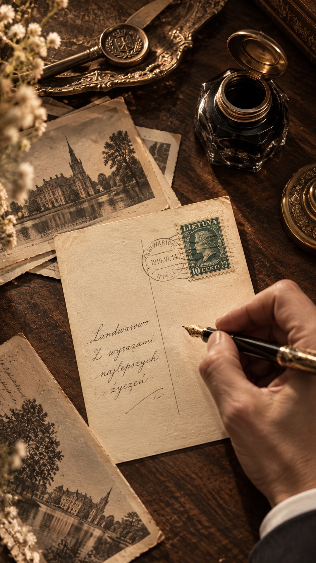 A hand writing with a fountain pen on a vintage Landwarów postcard with a Lithuanian stamp, an inkwell beside it
