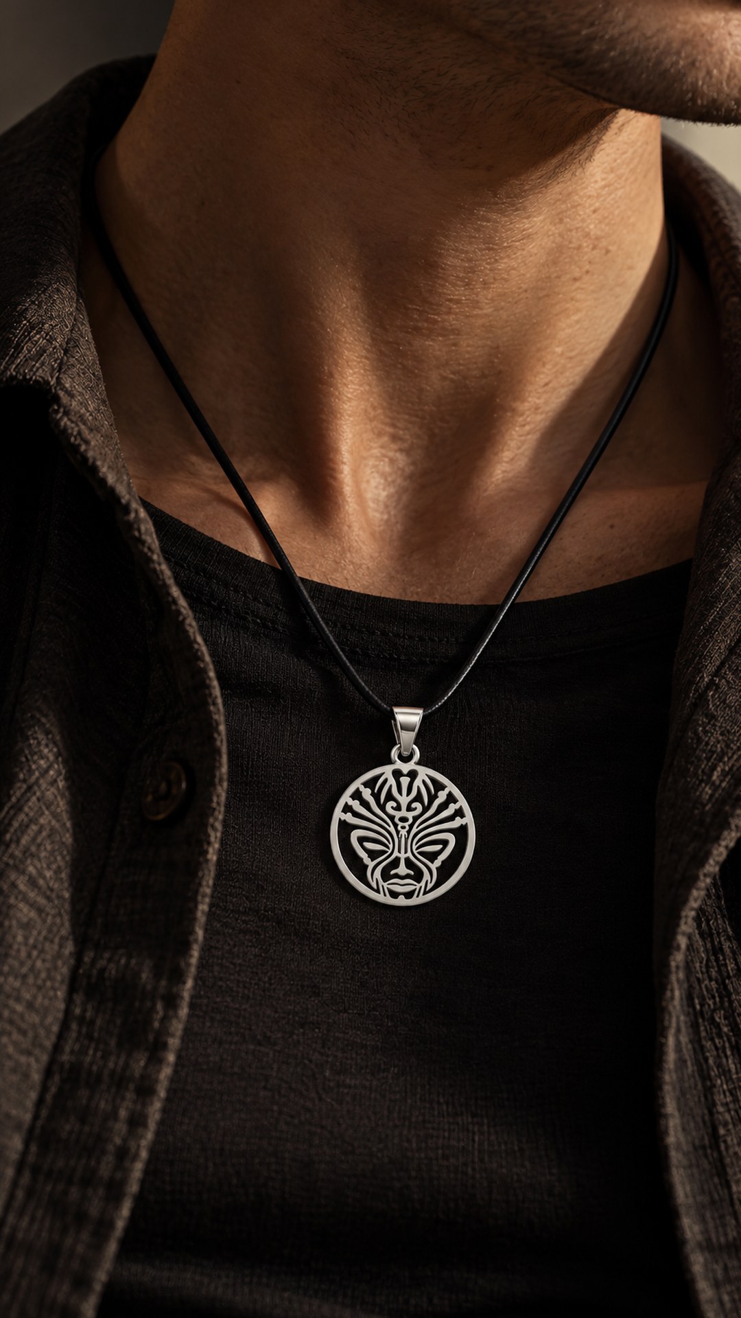 A man wearing the “Biomind” pendant on a black leather cord, dark shirt