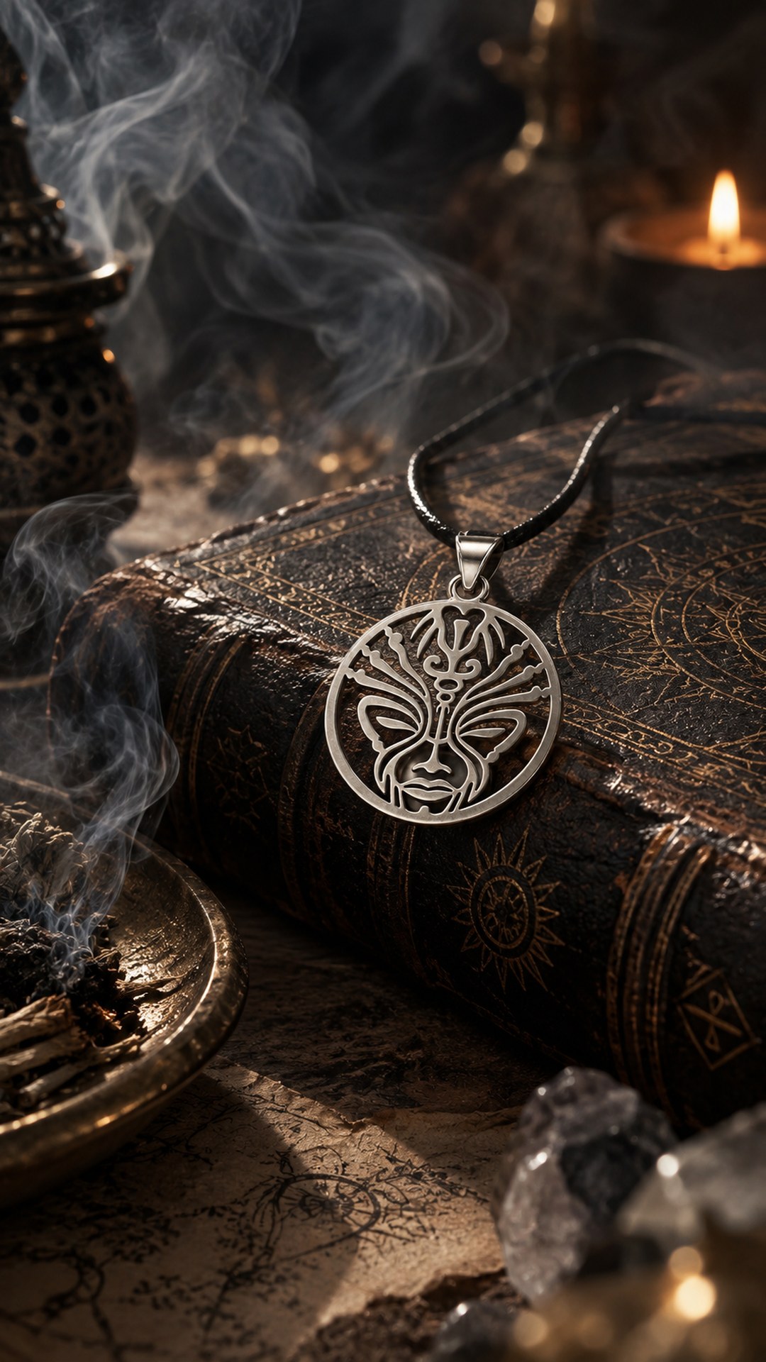 “Biomind” pendant on a cord resting on an old leather-bound book, incense smoke, a candle and crystals