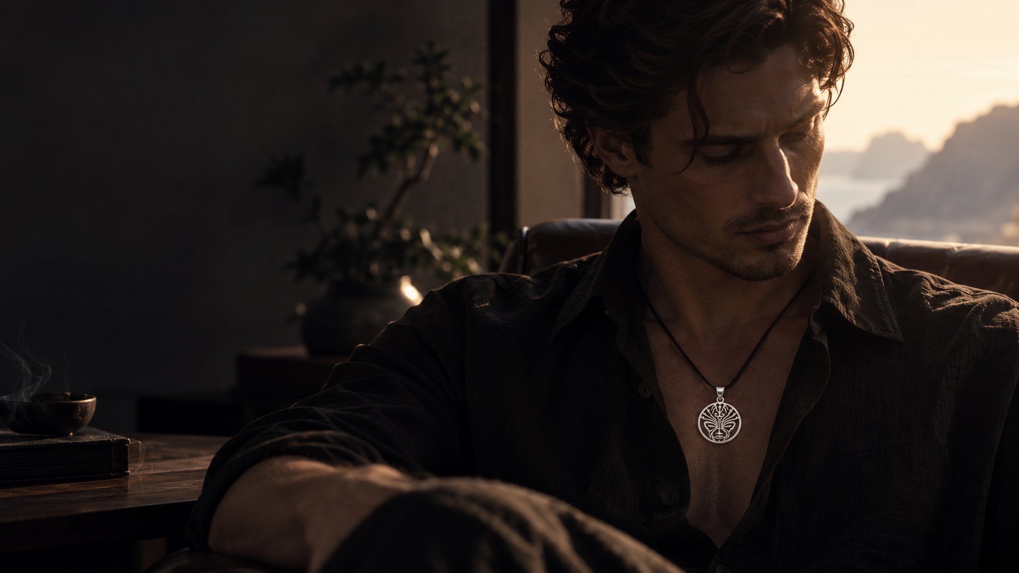 A man in a dark shirt wearing the “Biomind” pendant on a cord sits in a leather armchair, incense smoke, evening light