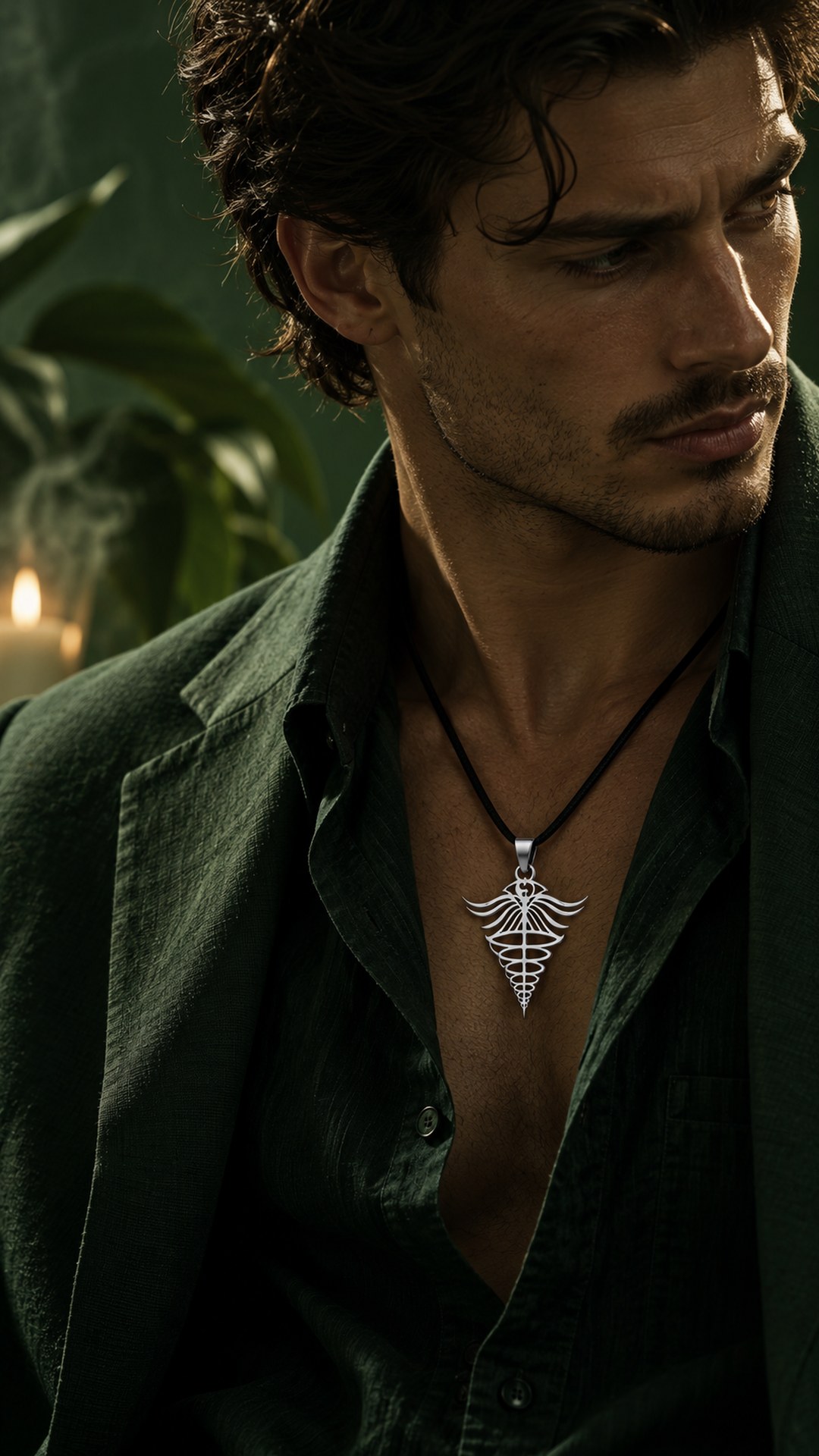 A man in a green linen jacket wearing the “Energija” pendant on a black cord, a candle in the background