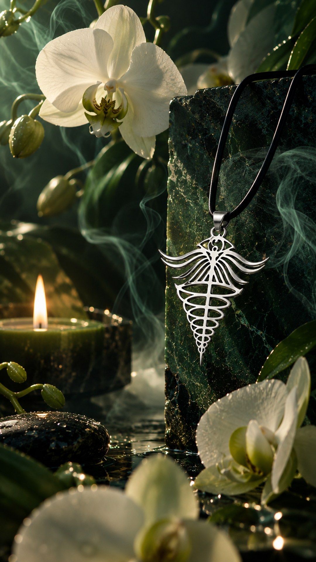 “Energija” pendant on a cord beside green marble, white orchids, a candle and smoke