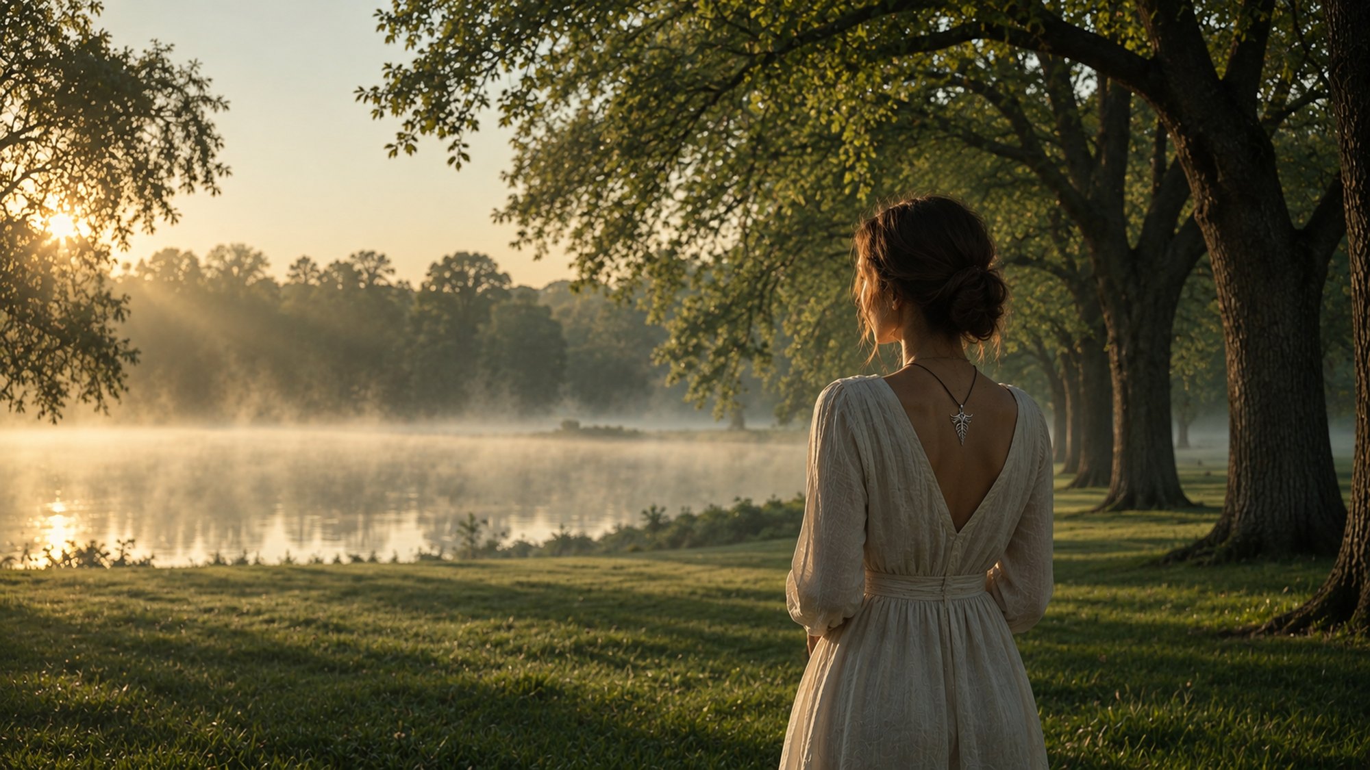 A woman in a linen dress wearing the “Energija” pendant stands in the manor park by the lake at dawn, mist over the water