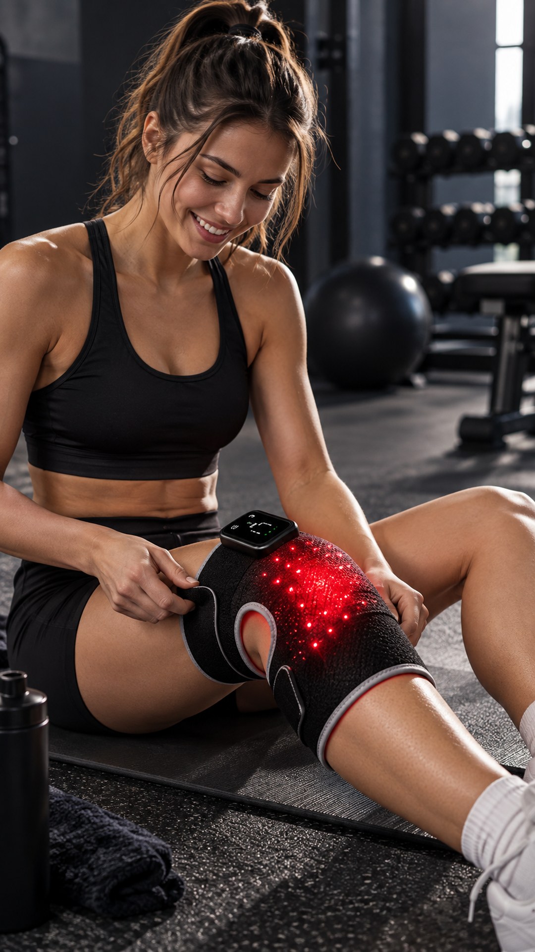A woman on a gym mat putting on the switched-on “Biomind” LED knee wrap
