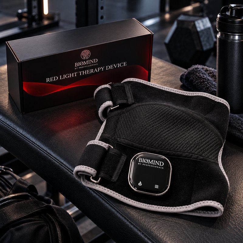 “Biomind” LED knee wrap switched off, with its control unit, next to the box on a gym bench