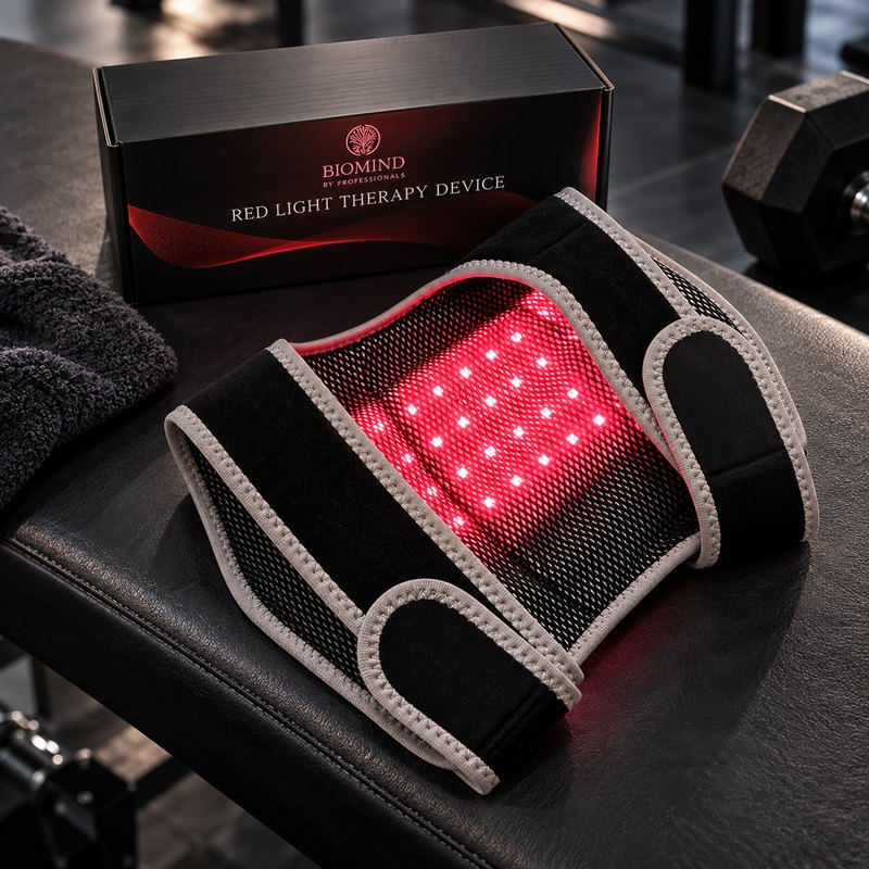 Inside of the “Biomind” LED knee wrap with the red LEDs switched on, next to the box on a gym bench