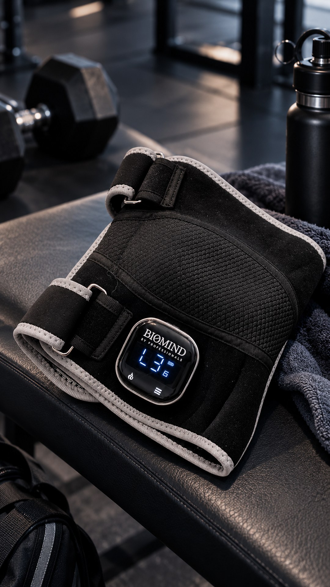 Folded “Biomind” LED knee wrap with the control display switched on, on a gym bench next to a dumbbell and a towel