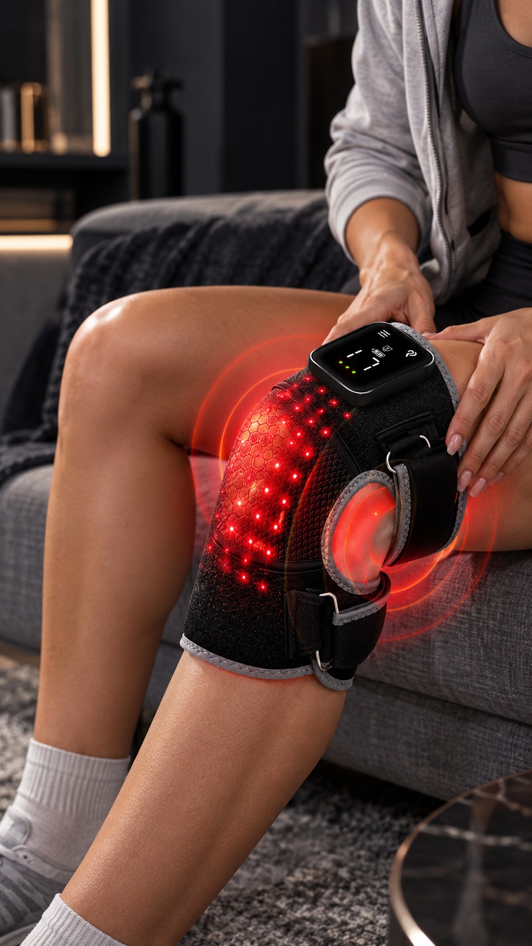A woman on a sofa wearing the switched-on “Biomind” LED knee wrap, her hand on the control display