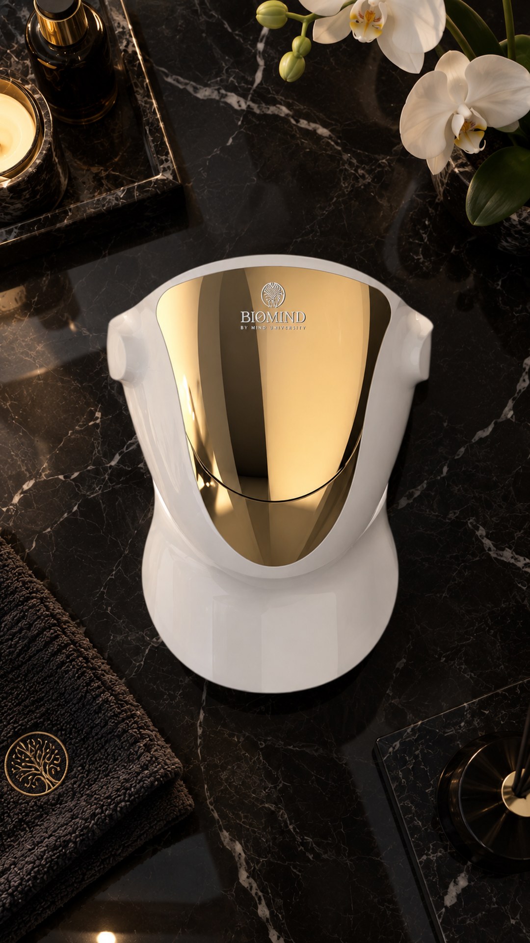 Biomind PRO LED mask with neck piece on black marble, next to a candle, an orchid and a towel with the Biomind logo