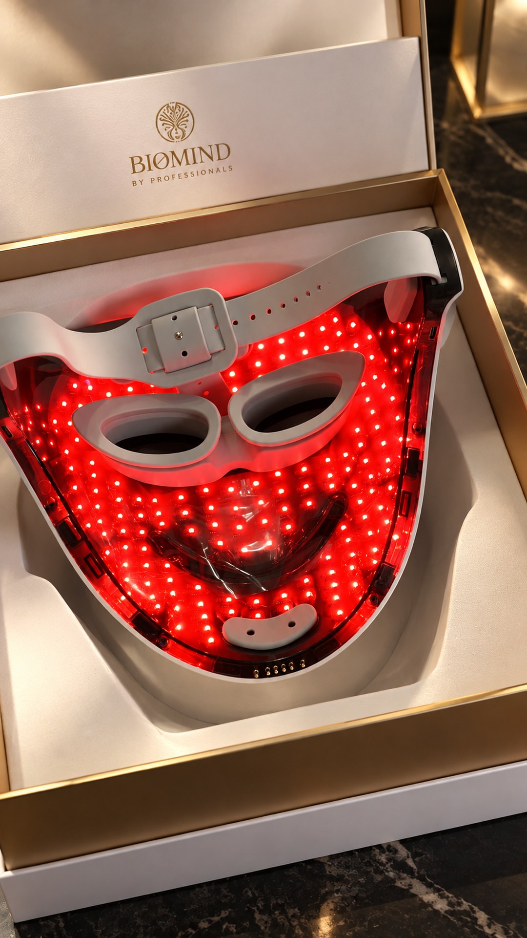 Biomind PRO LED mask with the red light mode on, in a white box with gold trim — a dense LED grid and a silicone strap