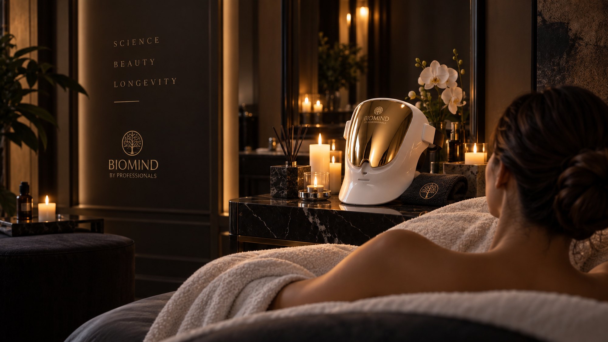 Spa room by candlelight: a woman on a spa bed, the Biomind PRO LED mask on a marble side table, orchids, “Science · Beauty · Longevity” on the wall