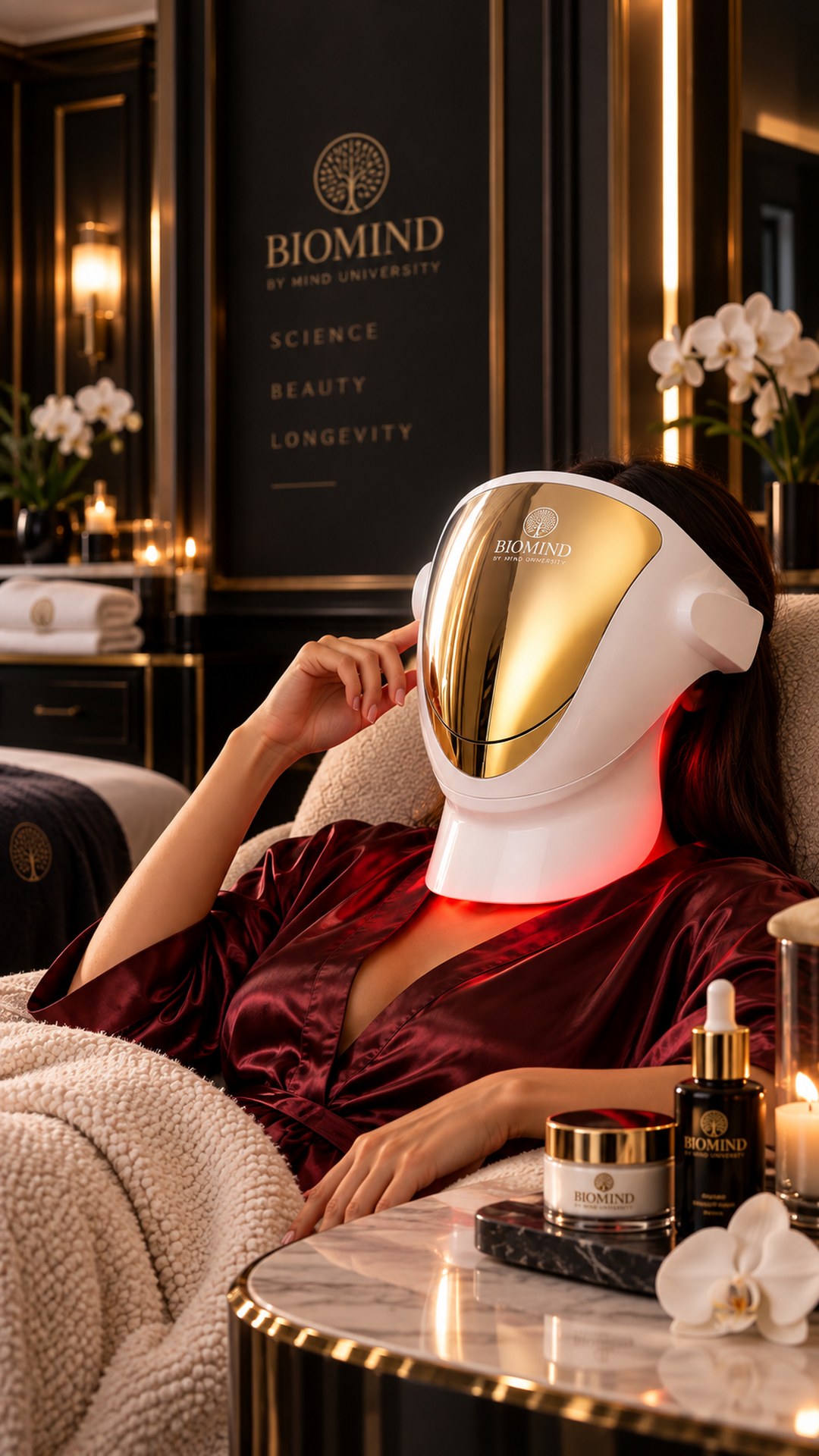 Woman in a wine-coloured robe reclining in a spa chair wearing the Biomind PRO LED mask — the neck piece glows red, Biomind serum and cream nearby