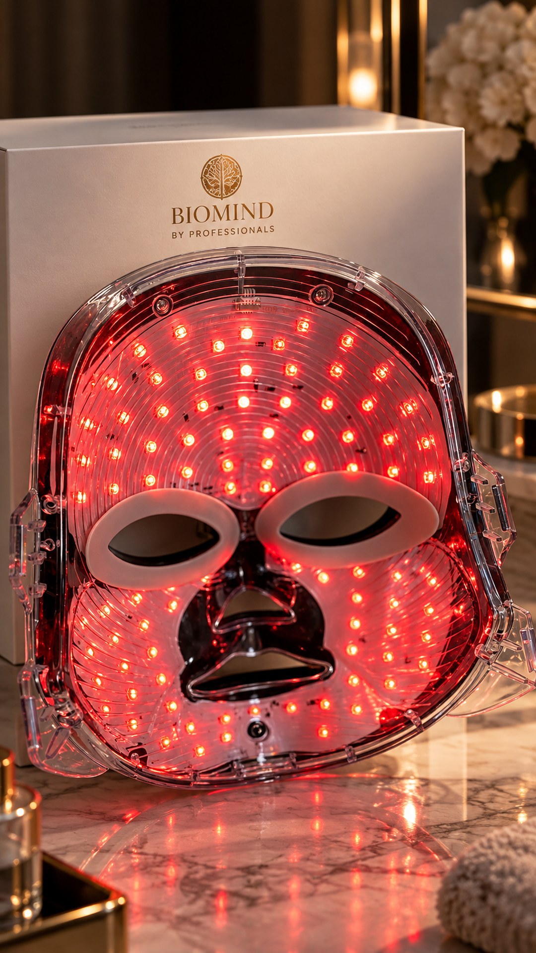 Biomind LED mask with the red light mode on, in front of a white box on a marble side table