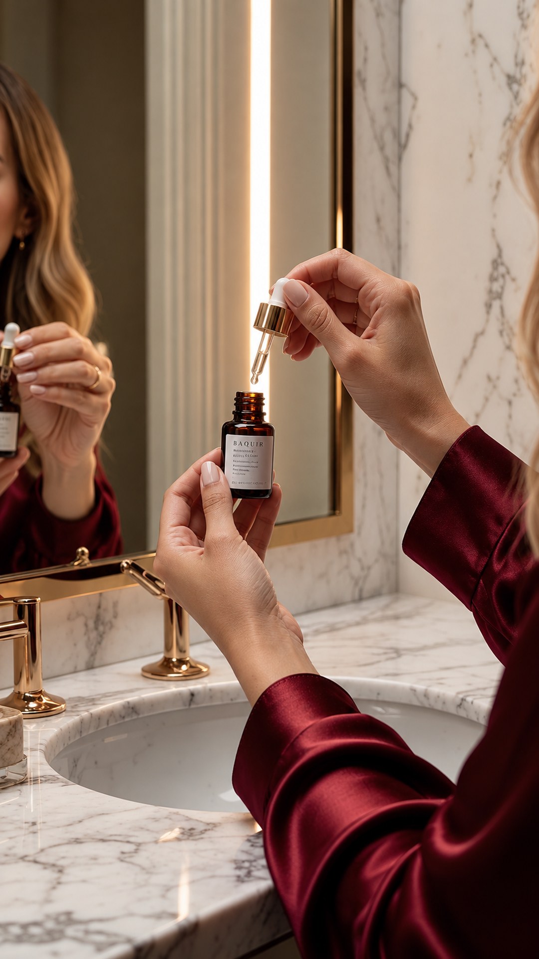 Woman in a wine-coloured silk robe at a marble washbasin holding a serum bottle with a pipette, mirror and gold taps